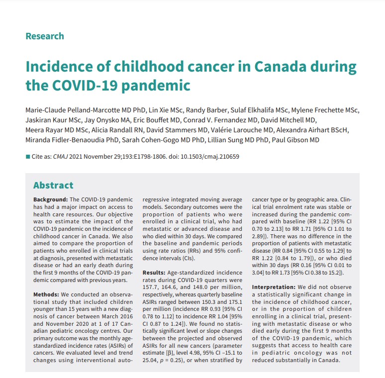 Incidence du cancer chez les enfants au Canada pendant la pandémie de COVID-19 (en anglais seulment)
